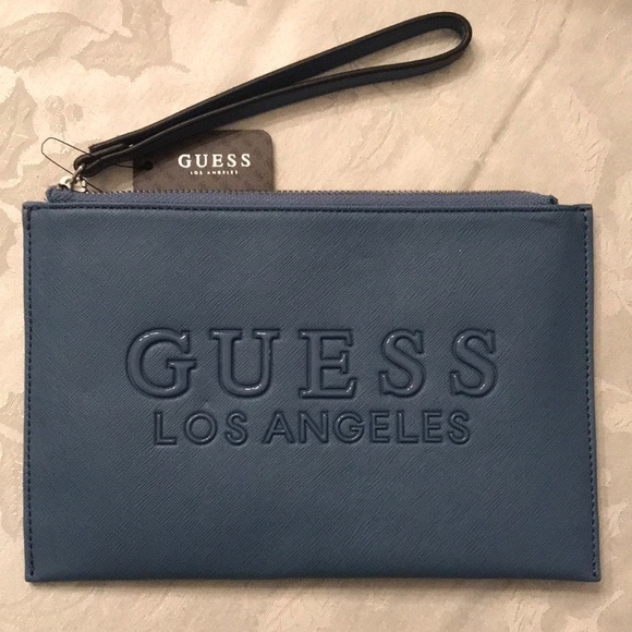 Brand New Guess Los Angeles Rodney SLG Zippered Denim Blue Wristlet - Picture 2 of 13